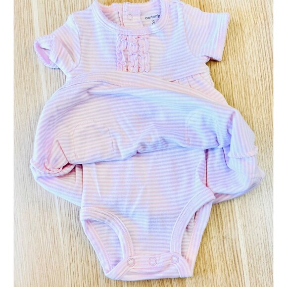 Carters Baby Girl Dress Bodysuit Pink Striped 3M Short Sleeve Ruffle Front - Picture 6 of 8